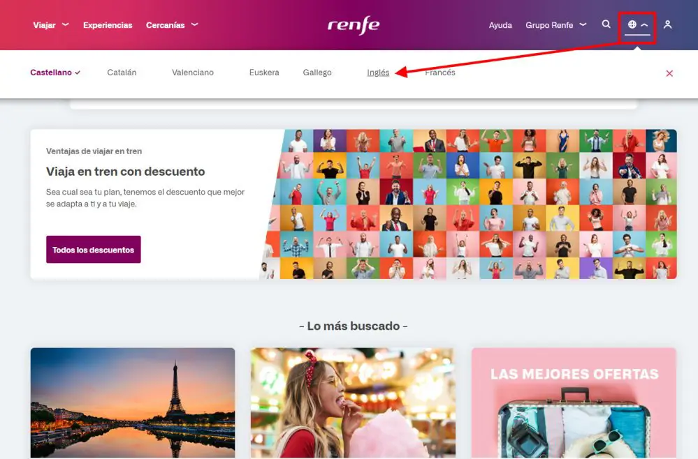 Screenshot showing how to select English on the RENFE website