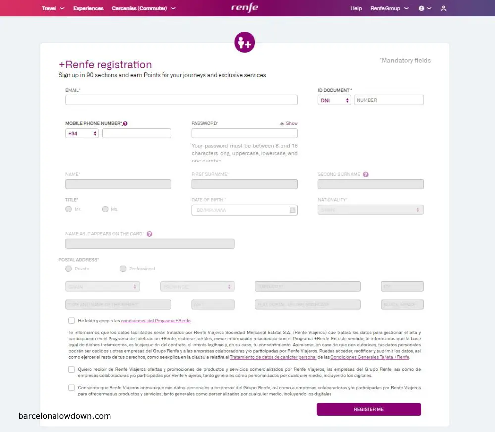 The registration form on the RENFE website in English