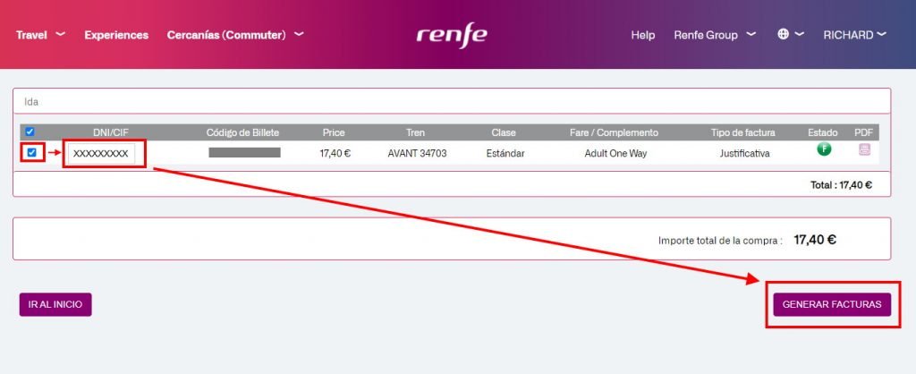 Click this button to generate an invoioce on the RENFE website