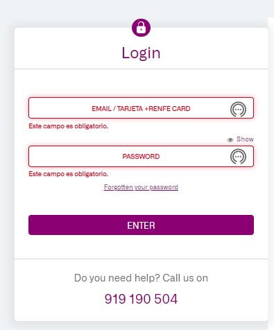 login page of the RENFE website