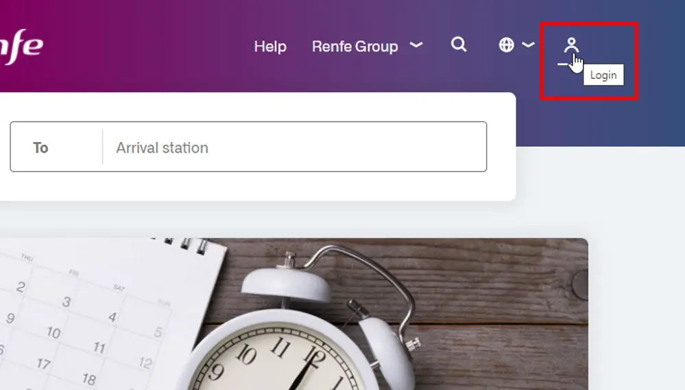 Screenshot showing how to login to the RENFE website