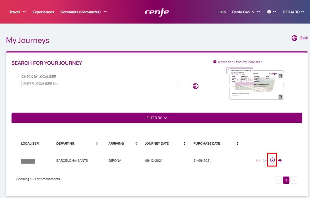 The my journeys screen on the Spanish train company website