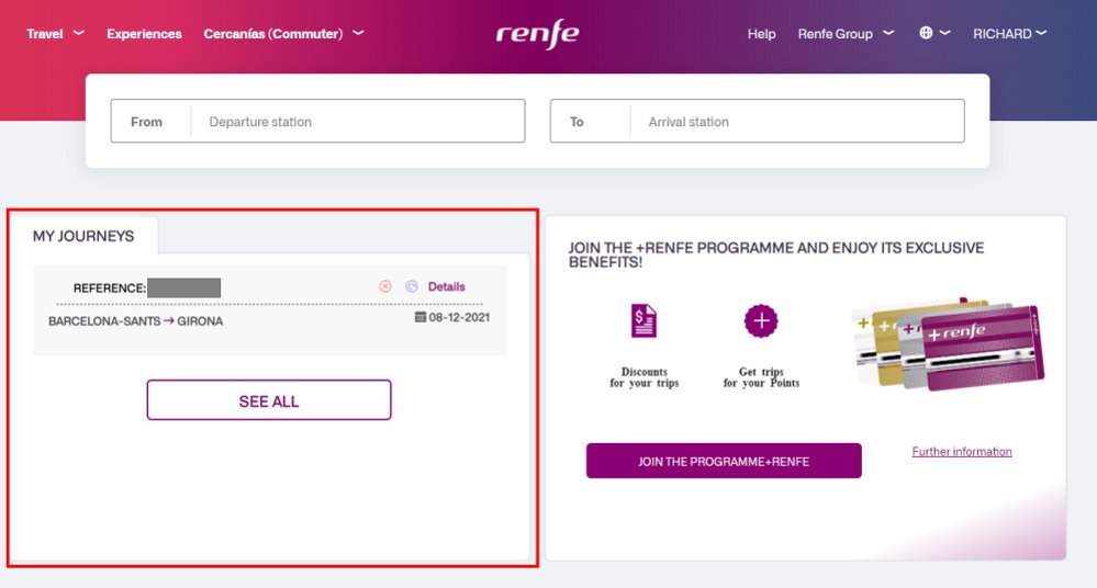 The my journeys window on RENFE.COM