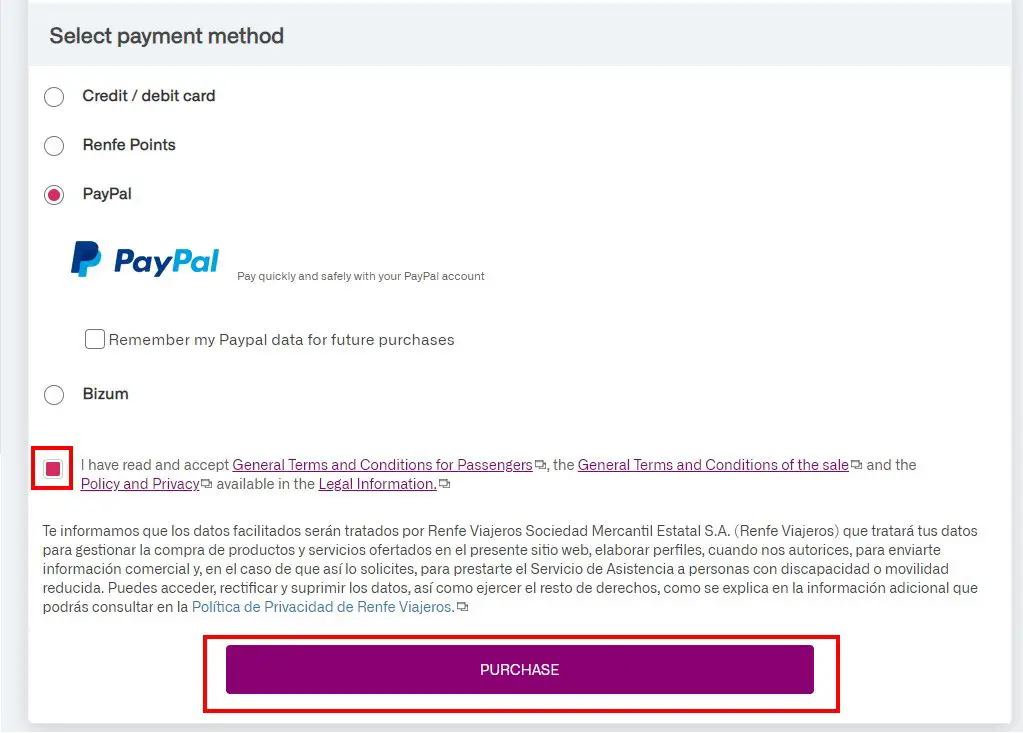 screenshot showing how to select the payment method on the RENFE website