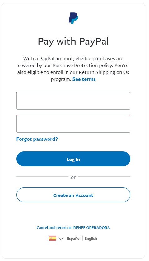 PayPal log in window