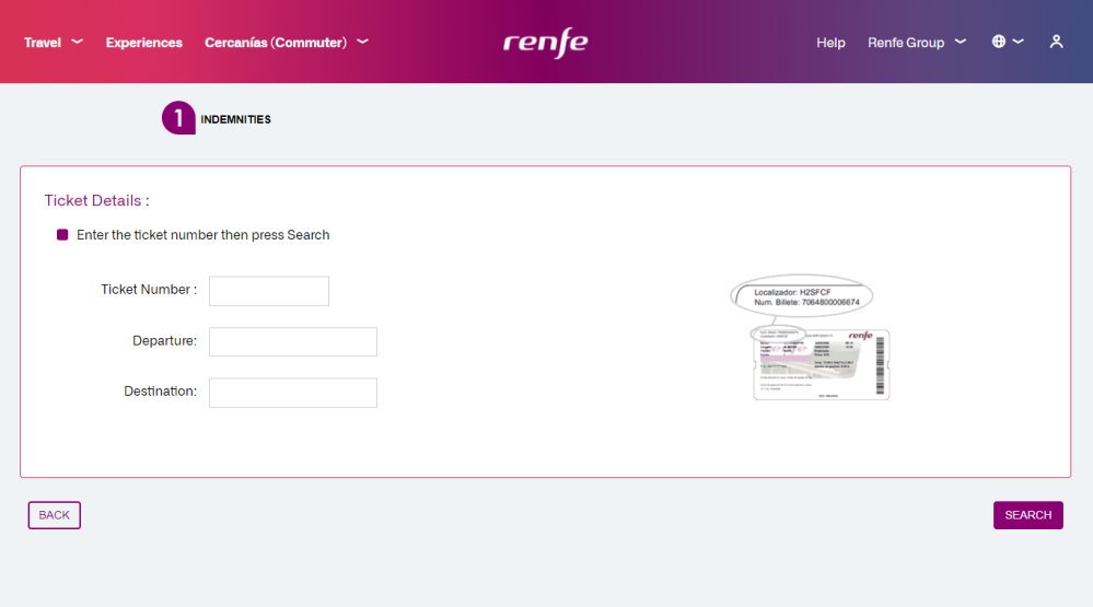 Screenshot of the page from the Spanish train company RENFE's website where you can claim a refund if your train is delayed