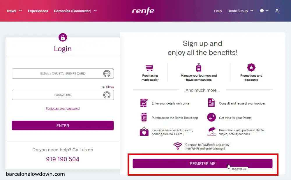 The page where you can log in or create an account for the RENFE website