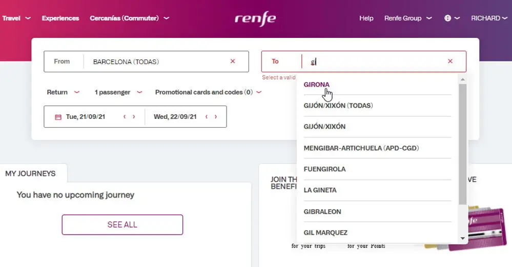 selecting the destination on the RENFE Spanish train website