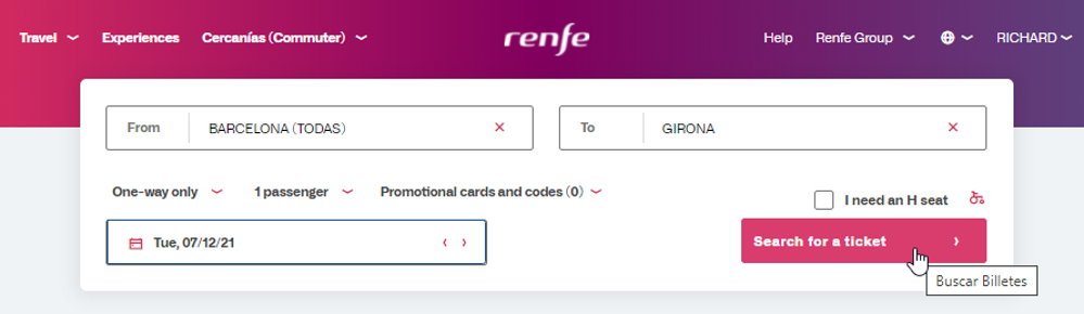 Ticket search button on the RENFE website