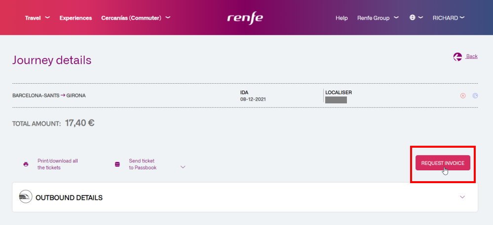 The button for requesting an invoice for your train journey