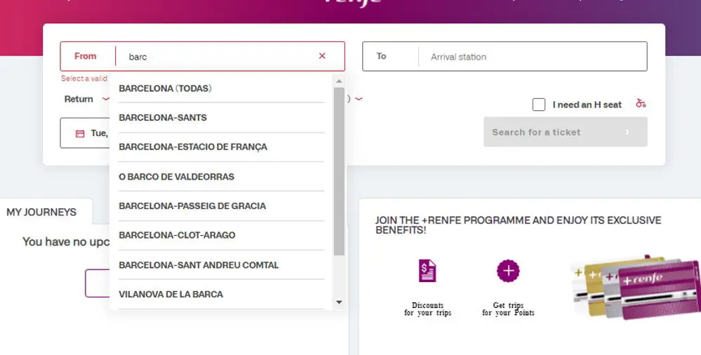 Spanish train timetables on the RENFE website