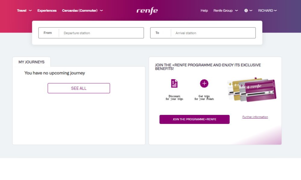 Search boxes on the RENFE website