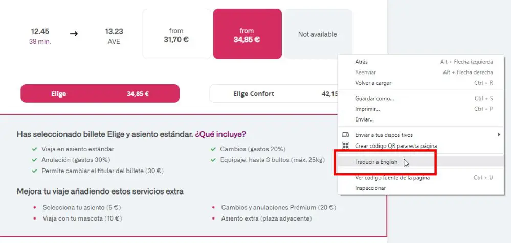 Screenshot showing how you can trace the Spanish sections of the RENFE website into English