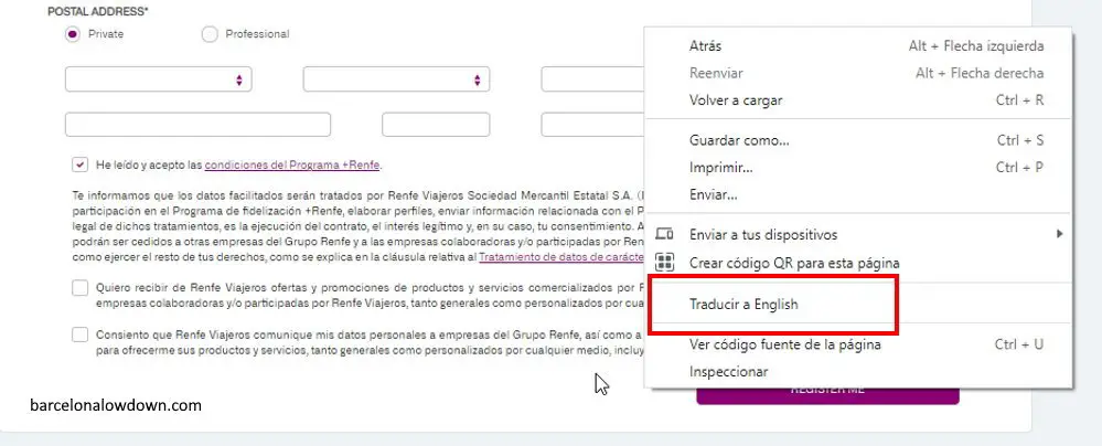 How to translate the terms and conditions page of the RENFE website