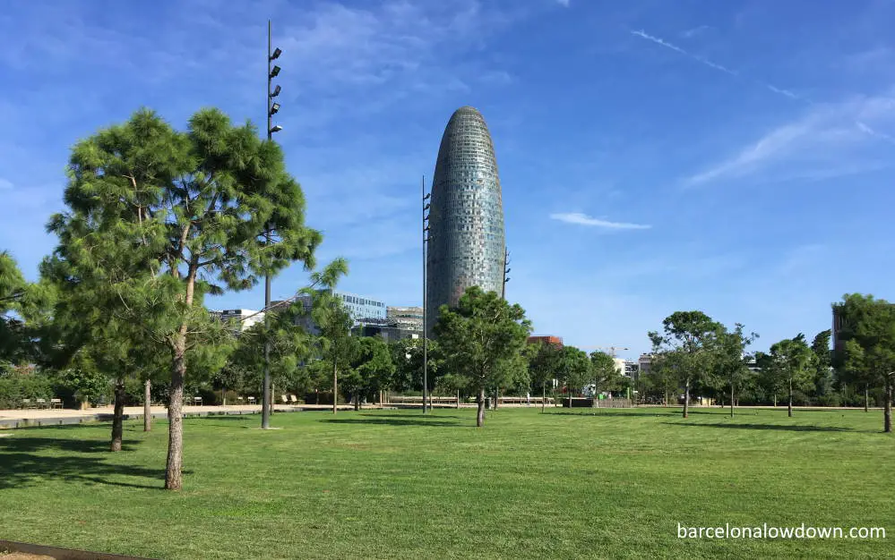 The Torre Glòries seen from the Plaça de les Glòries park