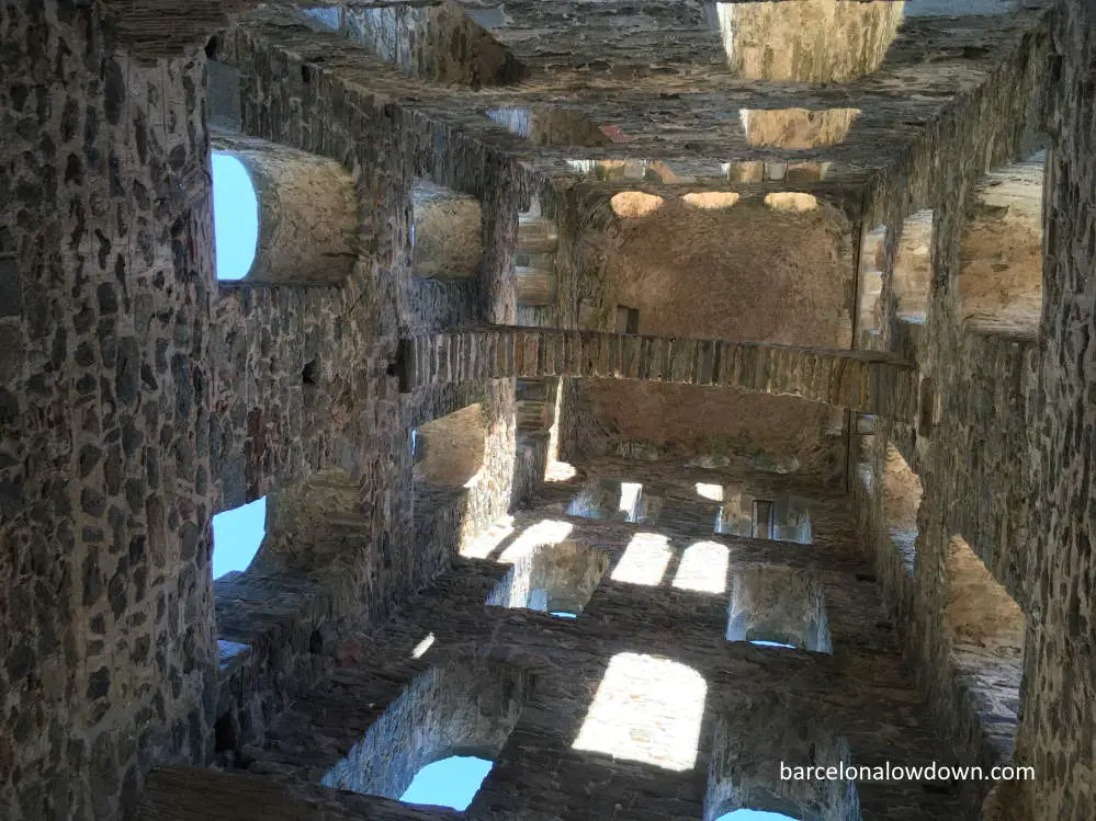 Looking upward inside one of the defensive towers of the Sant Pere de Rodes monastery near Girona, Spain