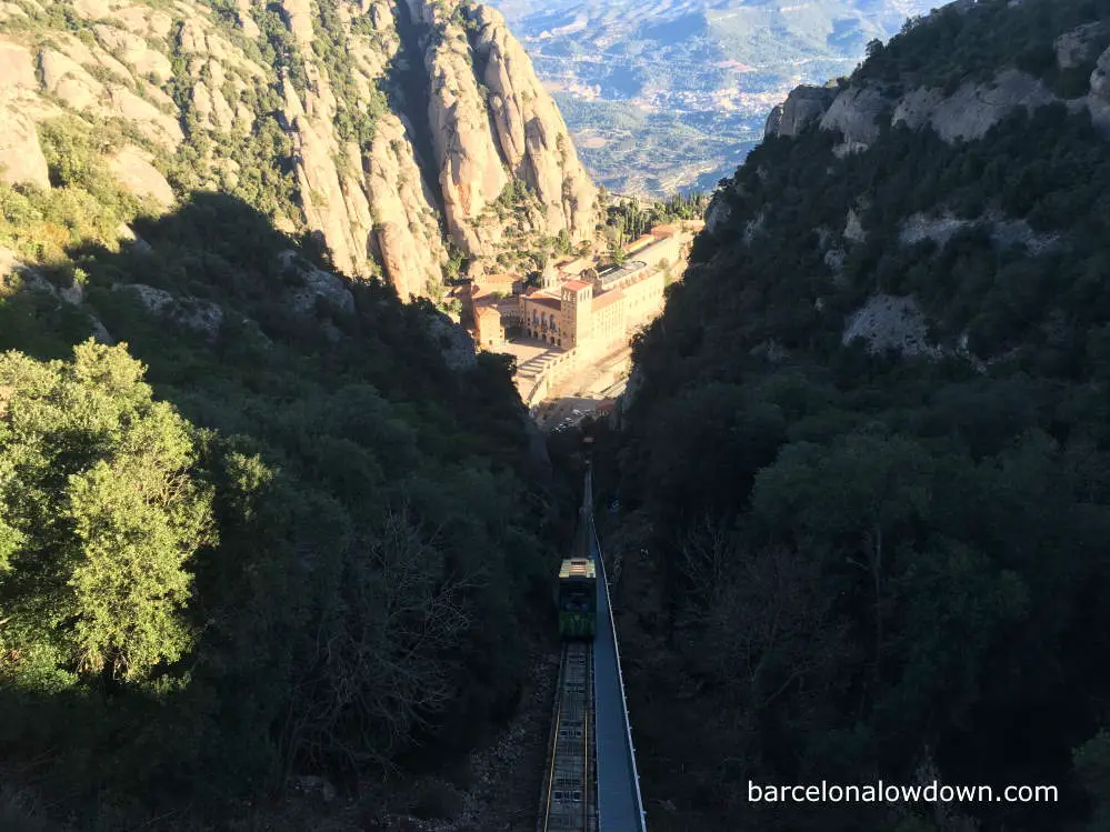 A funicular railway train above the Monastery of Montserrat, Spain