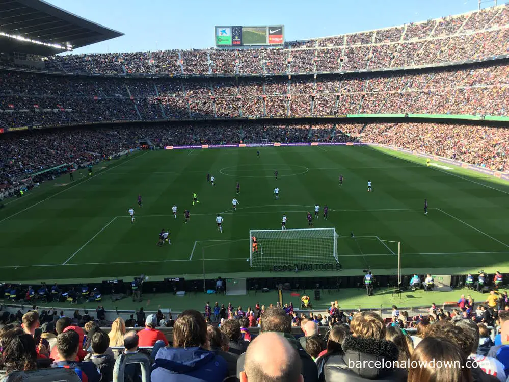 The view of the pitch from seats in the Gol Sud 2 Inferior area of the Camp Nou stadium, Barcelona