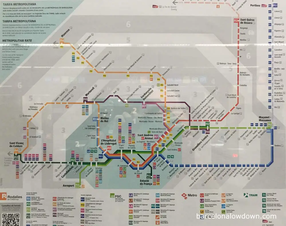 RENFE train company map of public transport zones in Barcelona